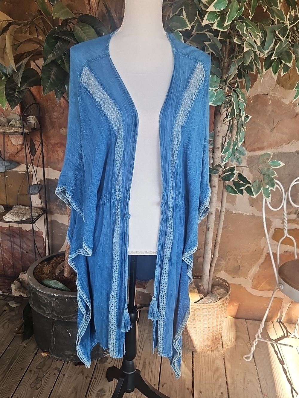 raya sun Blue Open-Front Kimono with Tassels